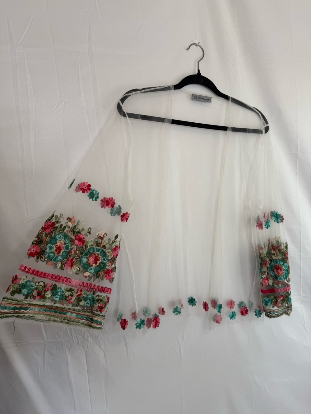 Desheng Sheer Floral Embroidered Mesh Kimono Cardigan Cover Up Women's Boho